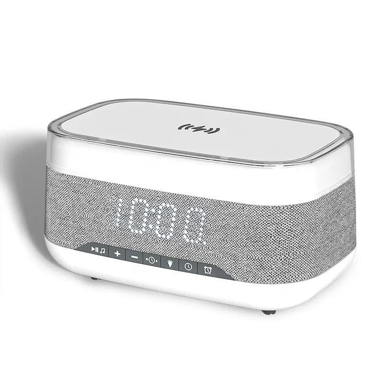 Multifunctional Alarm Clock with Bluetooth Speaker & Wireless Fast Charger | Night Light & Home Decor
