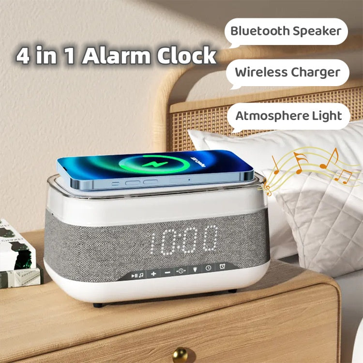 Multifunctional Alarm Clock with Bluetooth Speaker & Wireless Fast Charger | Night Light & Home Decor