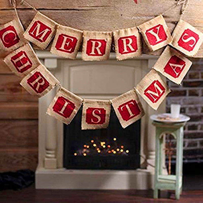 Merry Christmas Sackcloth Flag Banner - Christmas Holiday Banner Decoration