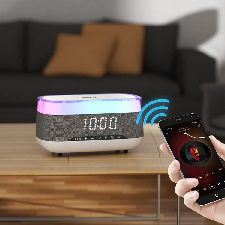 Multifunctional Alarm Clock with Bluetooth Speaker & Wireless Fast Charger | Night Light & Home Decor