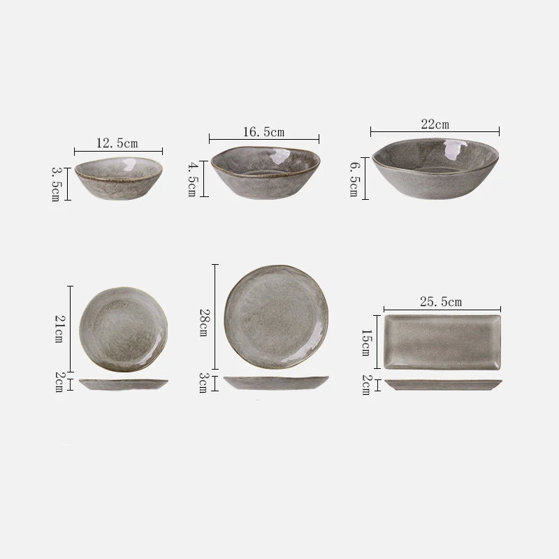 Japanese Ceramic Dinner Plate & Rice Bowl Set - Retro Gray Tableware