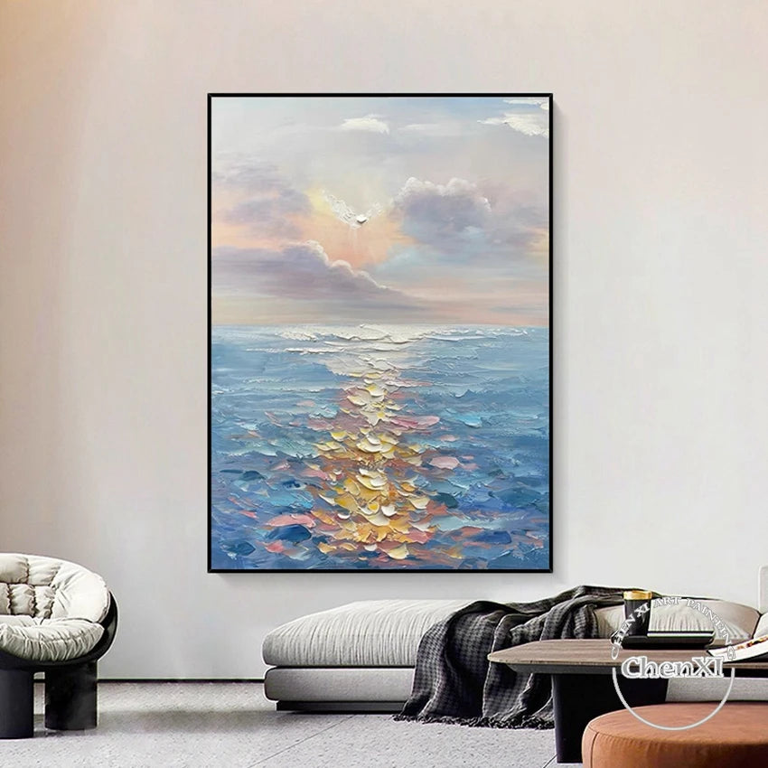 Hand-Painted Sunset on the Sea Oil Painting – Large Canvas Wall Art for Modern Home Décor (Unframed)