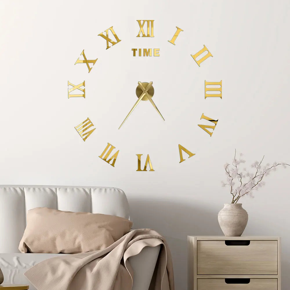 2D/3D Large Roman Numeral Acrylic Mirror Wall Clock - DIY Quartz Clock