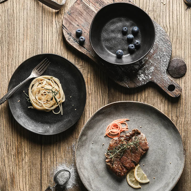 Japanese Ceramic Dinner Plate & Rice Bowl Set - Retro Gray Tableware