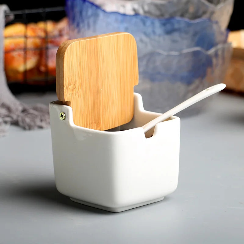 Ceramic Seasoning Rack with Spice Pots & Bamboo Cover - Condiment Storage Set