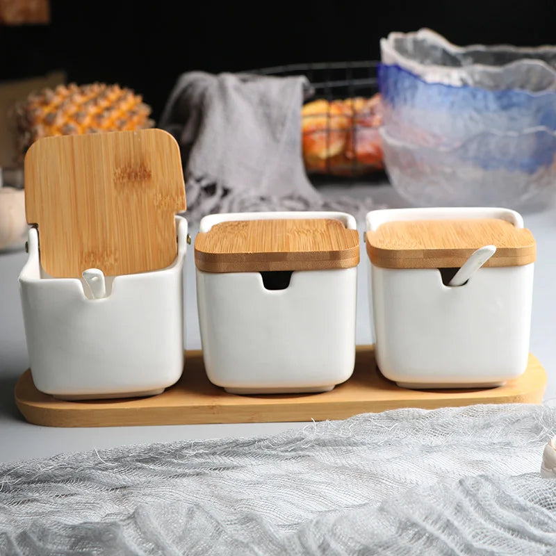 Ceramic Seasoning Rack with Spice Pots & Bamboo Cover - Condiment Storage Set