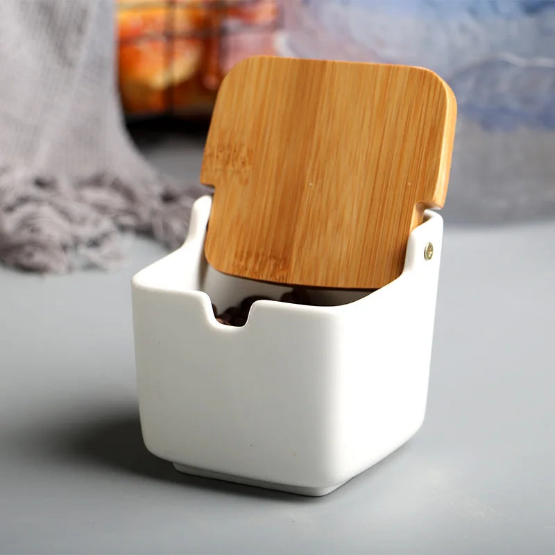 Ceramic Seasoning Rack with Spice Pots & Bamboo Cover - Condiment Storage Set