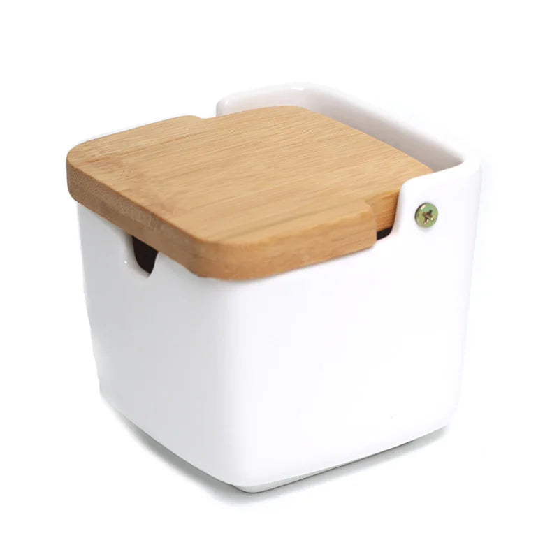 Ceramic Seasoning Rack with Spice Pots & Bamboo Cover - Condiment Storage Set
