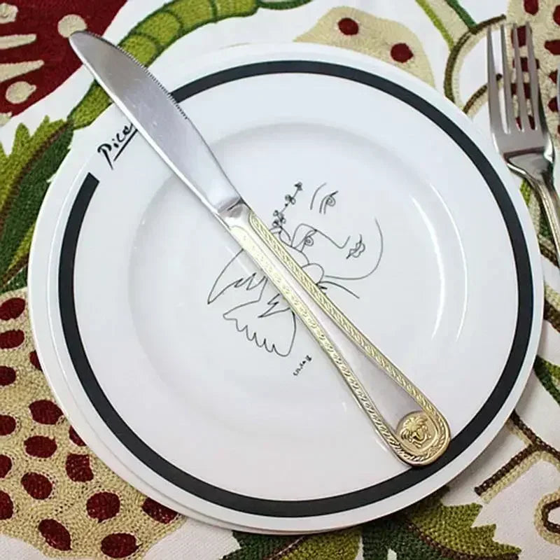 Vintage Western Gold Plated Dinnerware Dinner Fork Knife Set Golden Cutlery