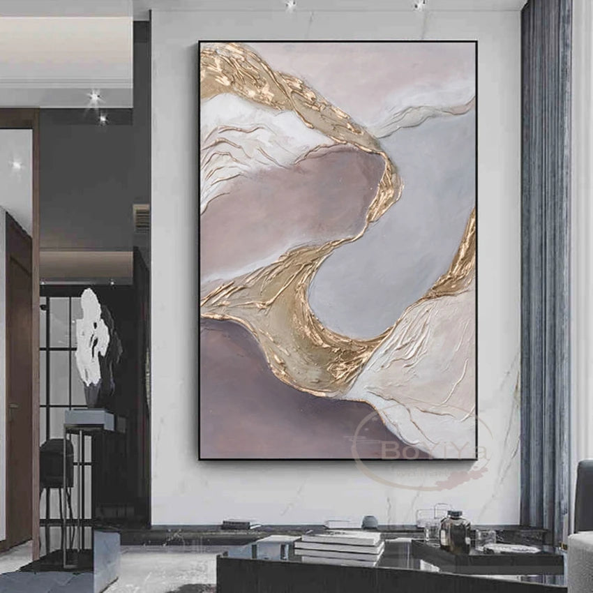 Handmade Acrylic Oil Painting on Canvas | Golden Foil Texture | Wall Art Decor