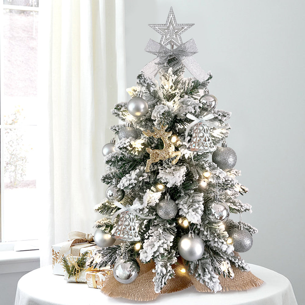 2ft Mini Christmas Tree with Lights - Flocked Snow Artificial Tabletop Xmas Tree for Home & Office Decor