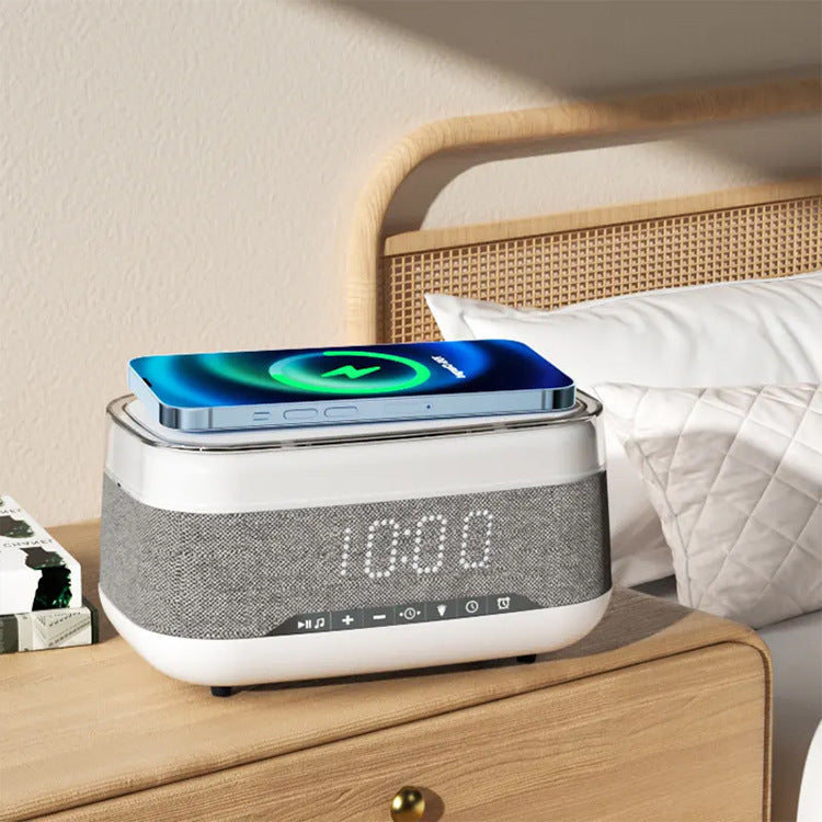 Multifunctional Alarm Clock with Bluetooth Speaker & Wireless Fast Charger | Night Light & Home Decor