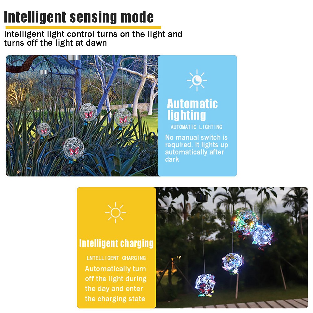 Solar Butterfly Ball Light Waterproof Metal Weaving Hanging Nightlight Lamp For Garden Courtyard Outdoor Decoration Tools