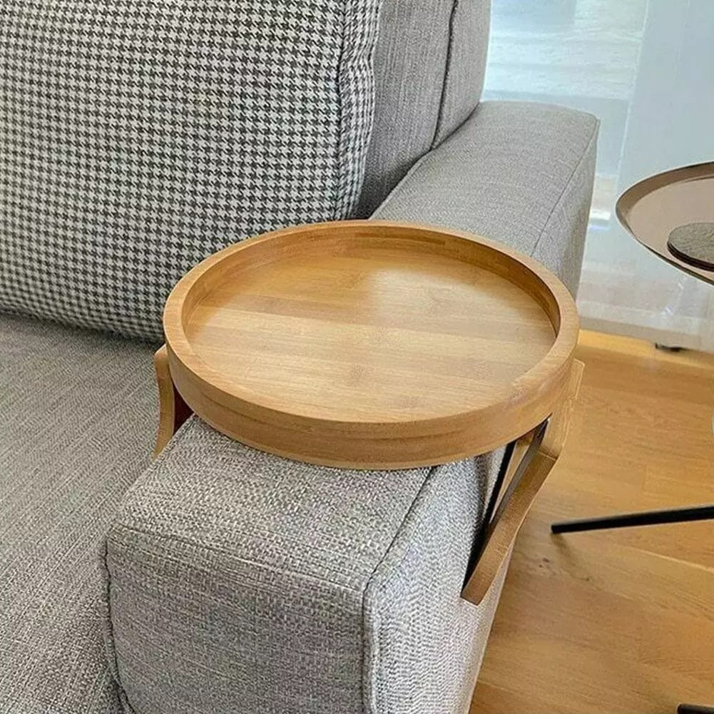 Sofa Tray Tables Woodgrain Sofa Armrest Clip-On Round Tray Foldable For Drinks Cup Bowl Phone Wooden Dessert Tea Holder 10Inches