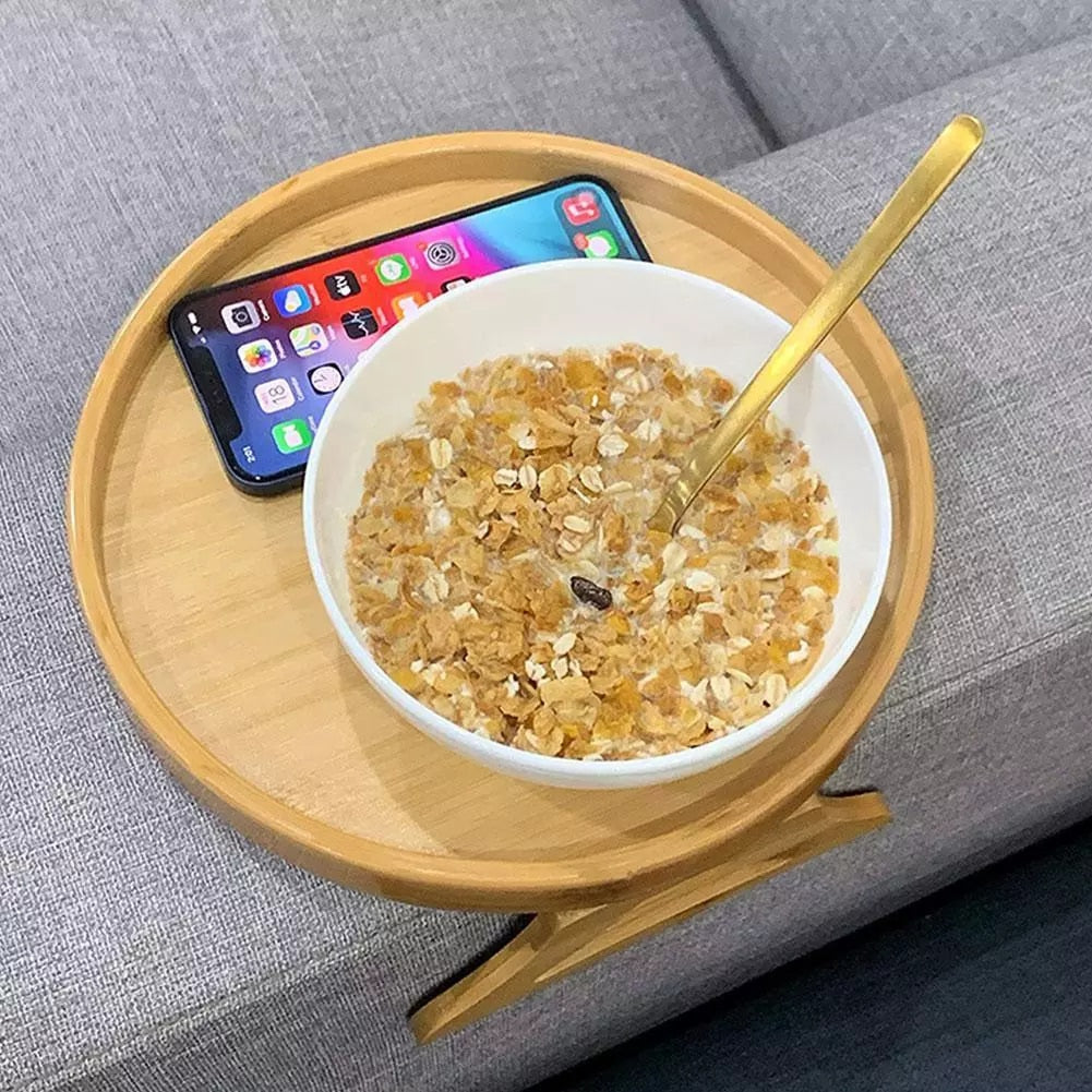 Sofa Tray Tables Woodgrain Sofa Armrest Clip-On Round Tray Foldable For Drinks Cup Bowl Phone Wooden Dessert Tea Holder 10Inches