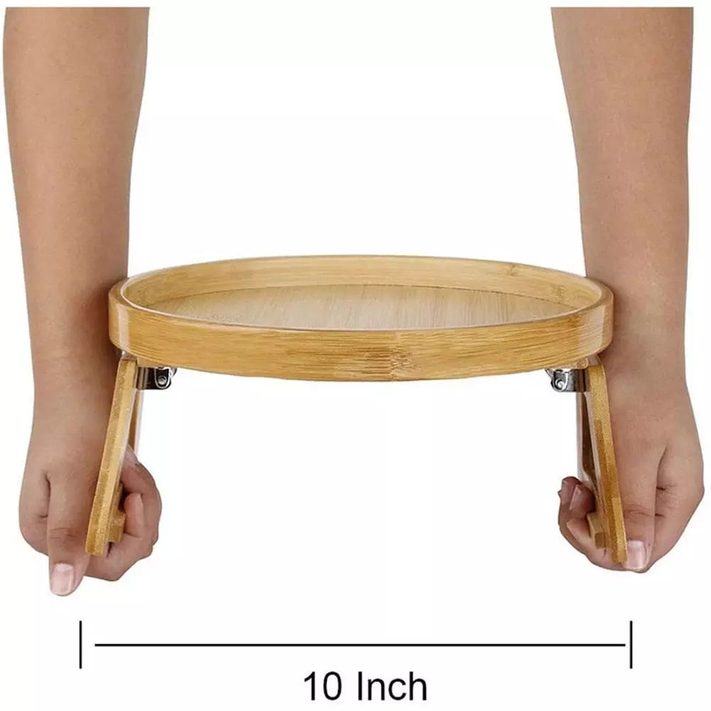 Sofa Tray Tables Woodgrain Sofa Armrest Clip-On Round Tray Foldable For Drinks Cup Bowl Phone Wooden Dessert Tea Holder 10Inches