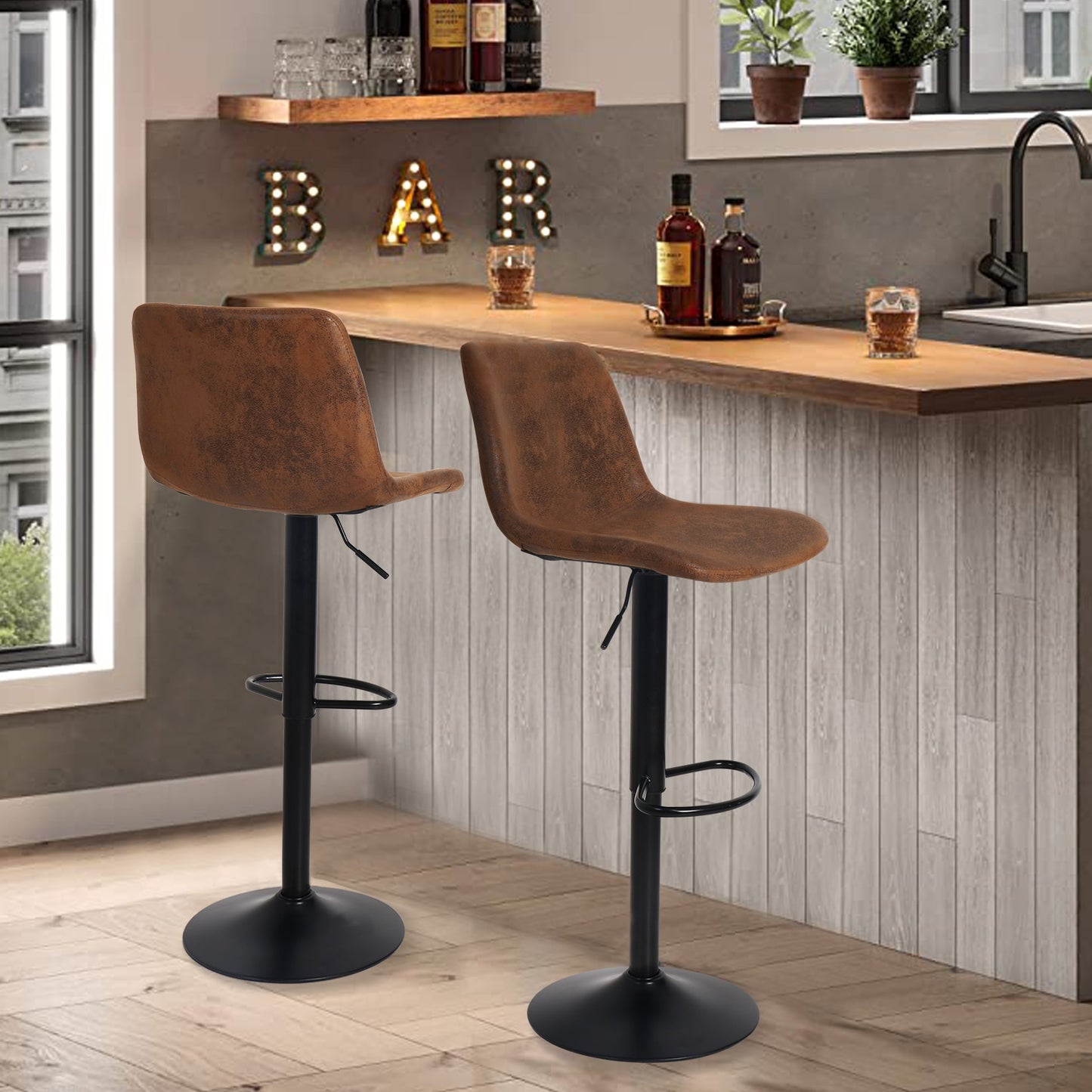 Set of 2 Bar Stools Swivel Barstool Chairs with Back, Adjustable Height Bar Chairs, Modern Pub Kitchen Counter Height