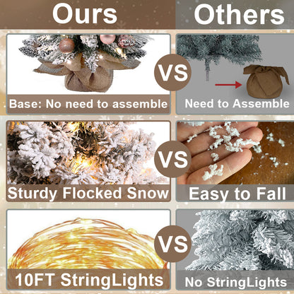 2ft Mini Christmas Tree with Lights - Flocked Snow Tabletop Holiday Decoration