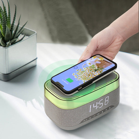 Multifunctional Alarm Clock with Bluetooth Speaker & Wireless Fast Charger | Night Light & Home Decor