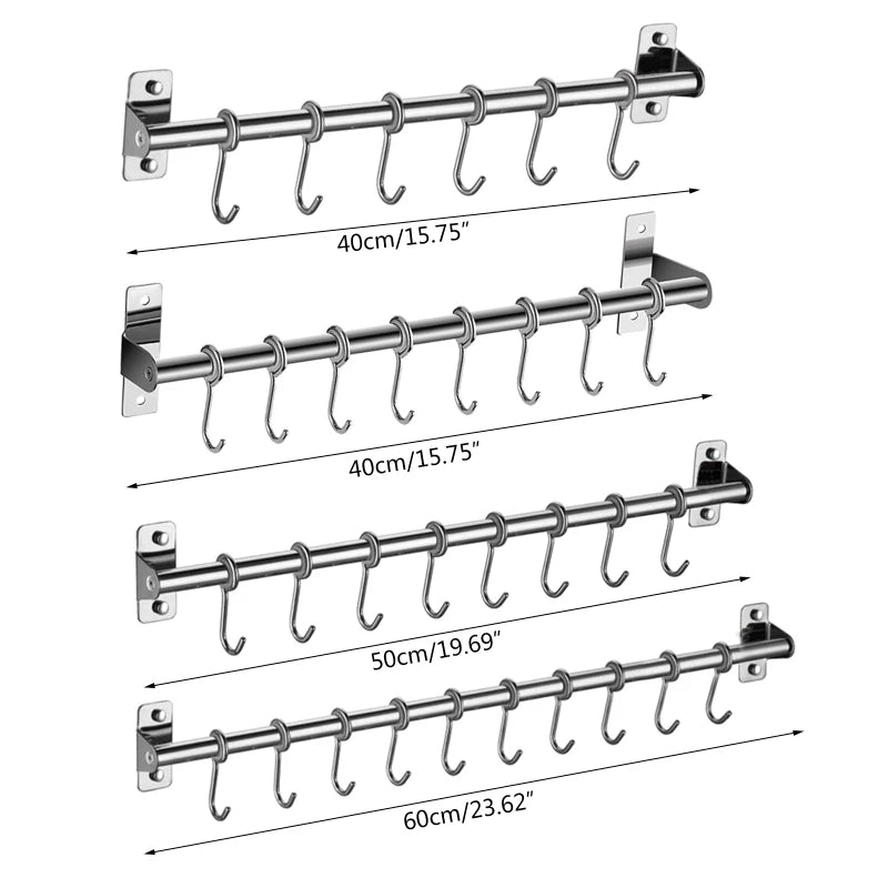 Wall-Mounted Stainless Steel Utensil Rack - Kitchen Rail with 6/8/10 Hooks