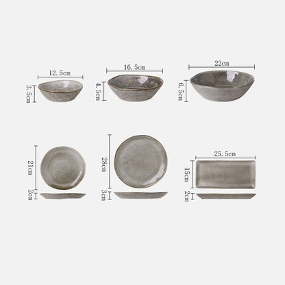 Japanese Ceramic Dinner Plate & Rice Bowl Set - Retro Gray Tableware