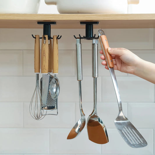 Wall-Mounted Kitchen Organizer Rack with 6 Removable Hooks - Utensil Holder & Rotatable Hanger  Optimized Description: