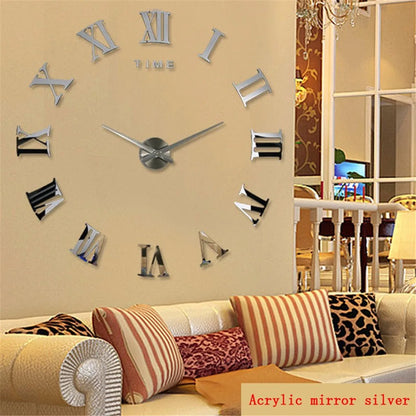 2D/3D Large Roman Numeral Acrylic Mirror Wall Clock - DIY Quartz Clock