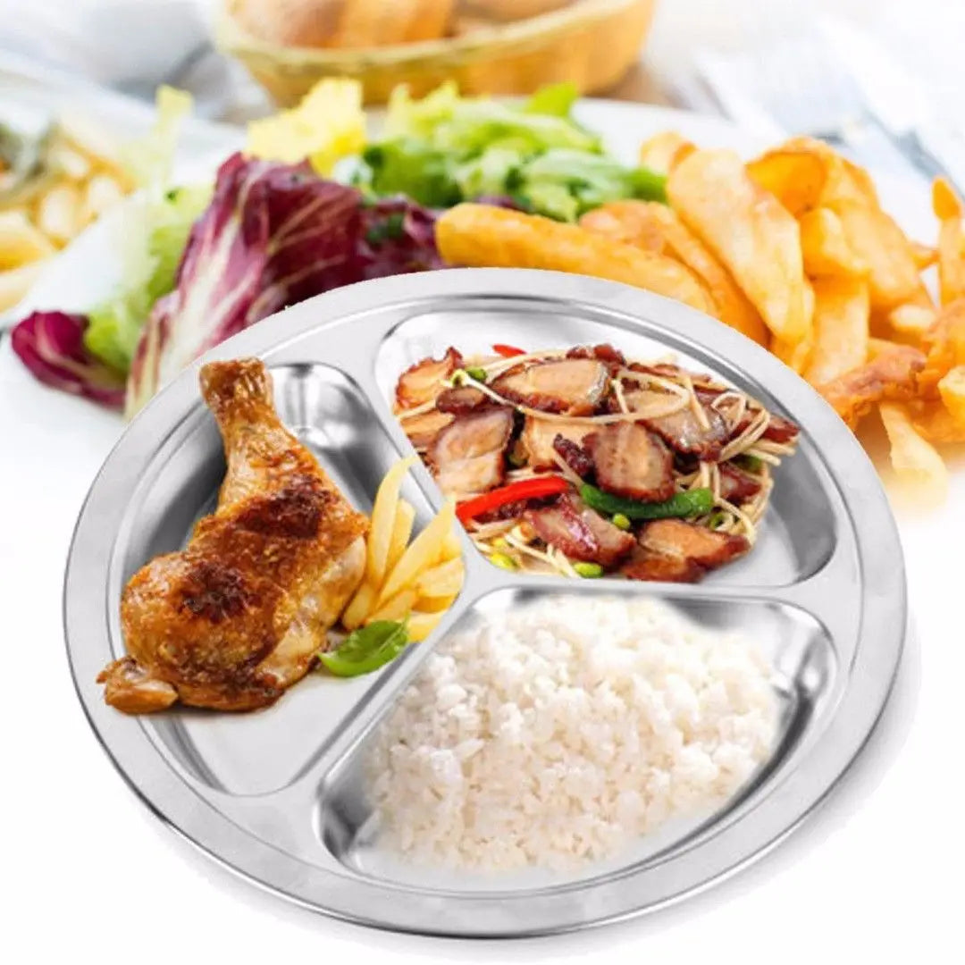 Stainless Steel Round Divided Dinner Plate - 3-Section Snack Tray for Kids