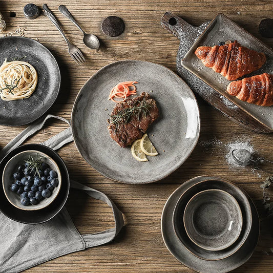 Japanese Ceramic Dinner Plate & Rice Bowl Set - Retro Gray Tableware