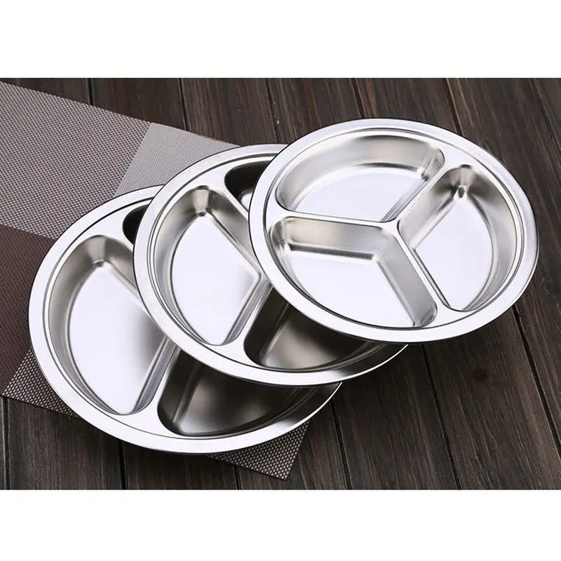 Stainless Steel Round Divided Dinner Plate - 3-Section Snack Tray for Kids