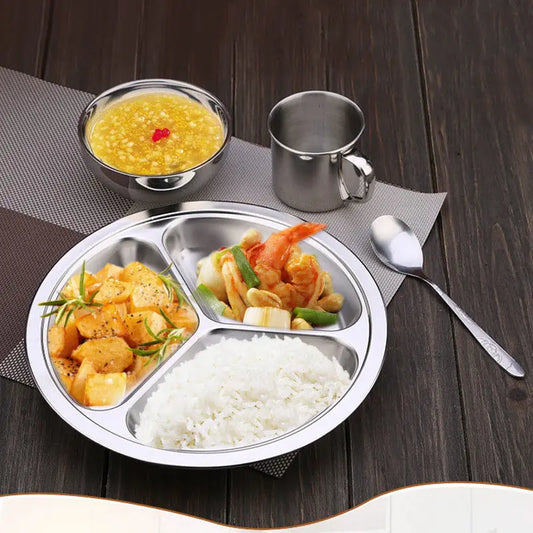 Stainless Steel Round Divided Dinner Plate - 3-Section Snack Tray for Kids