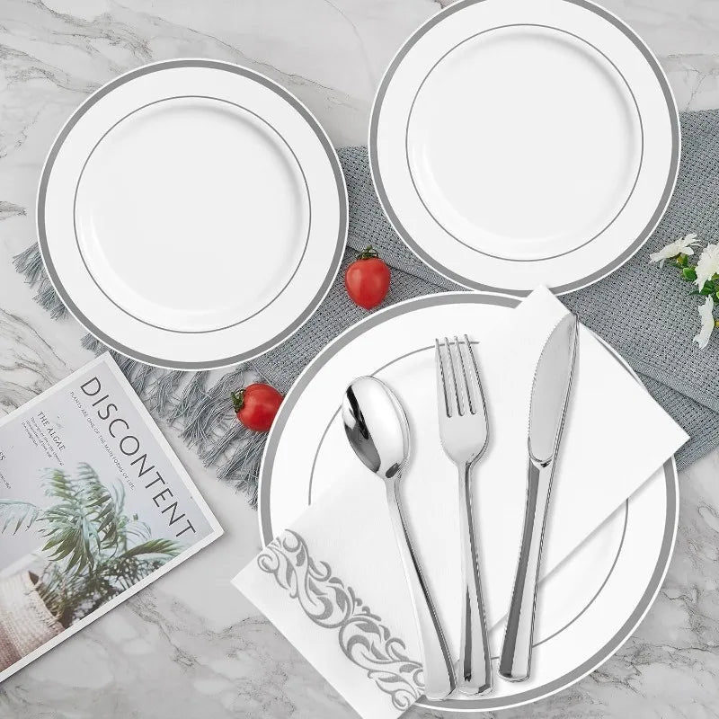 700-Piece Disposable Dinnerware Set - Plates, Silverware, Cups, Hand Towels