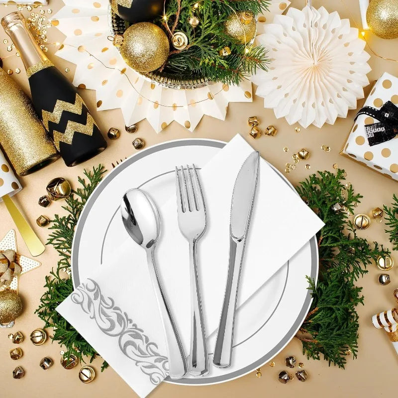 700-Piece Disposable Dinnerware Set - Plates, Silverware, Cups, Hand Towels
