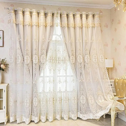 Luxury 3D Embroidered Floral Curtain with Valance – Double Layer, 132cm Width