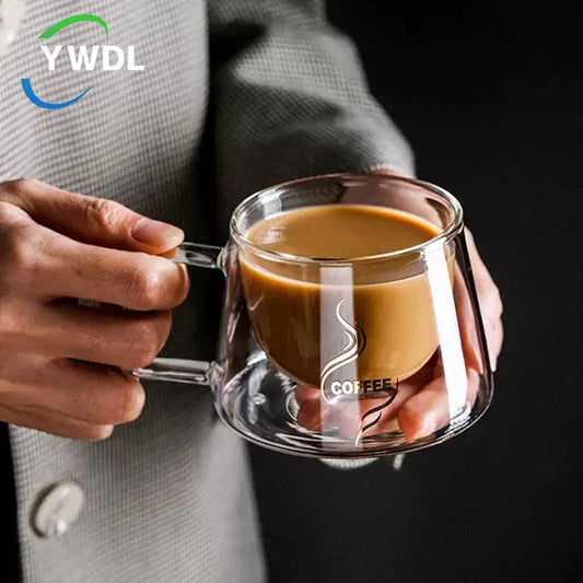 Double Wall Insulated Glass Coffee Mugs with Handle - 180ml