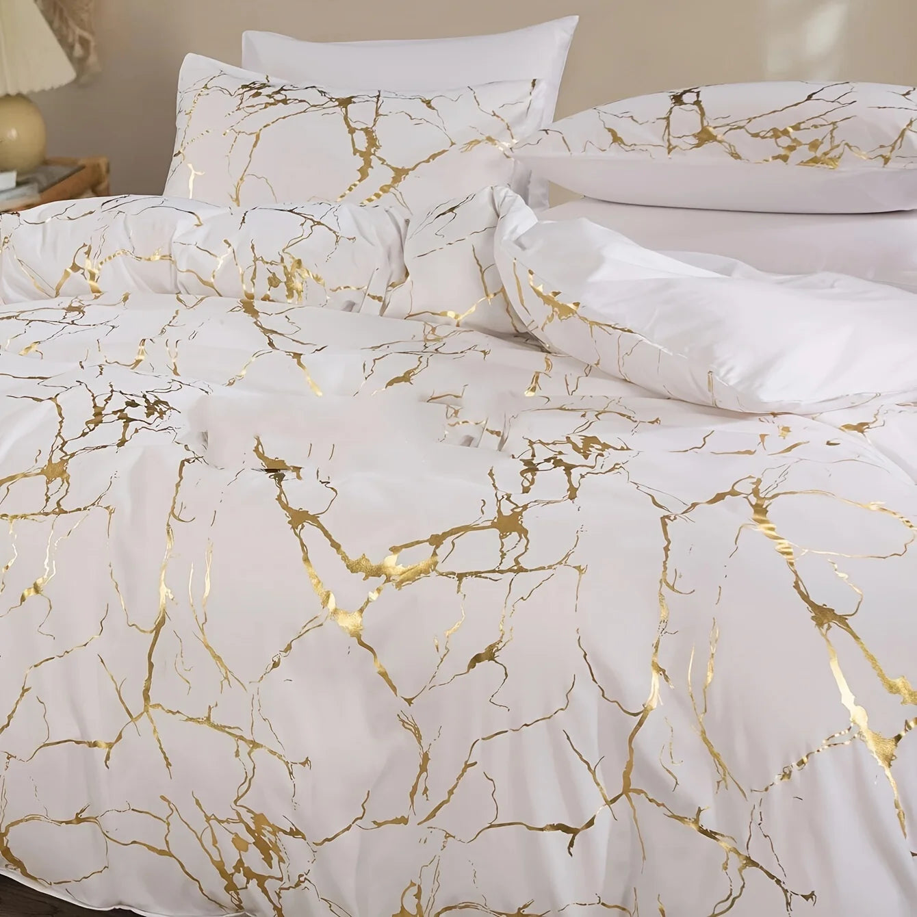 Luxury Queen Duvet Cover Set – White Marble Print