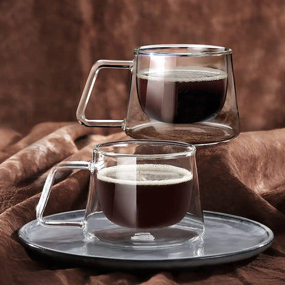 Double Wall Insulated Glass Coffee Mugs with Handle - 180ml