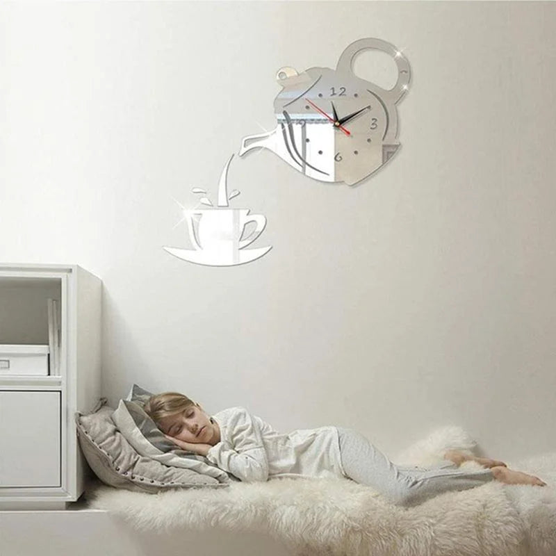 3D Teapot Shape Acrylic Mirror Clock - DIY Wall Sticker