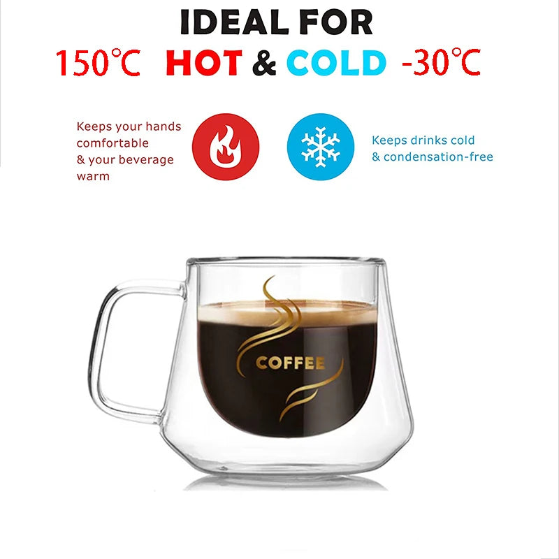 Double Wall Insulated Glass Coffee Mugs with Handle - 180ml