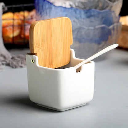 Ceramic Seasoning Rack with Spice Pots & Bamboo Cover - Condiment Storage Set