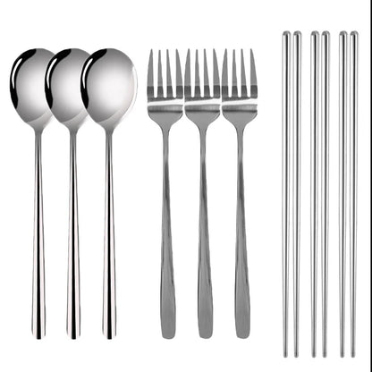 Korean Style Stainless Steel Fork, Spoon &amp; Chopsticks Set - Long Handle, Non-Slip Design