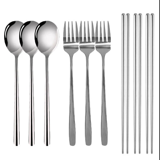 Korean Style Stainless Steel Fork, Spoon &amp; Chopsticks Set - Long Handle, Non-Slip Design