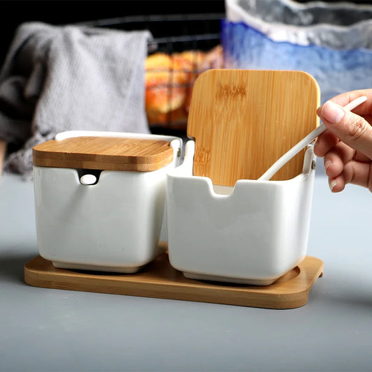 Ceramic Seasoning Rack with Spice Pots & Bamboo Cover - Condiment Storage Set
