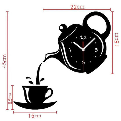 3D Teapot Shape Acrylic Mirror Clock - DIY Wall Sticker
