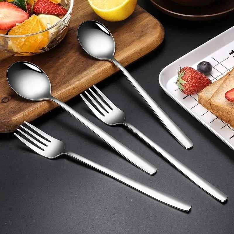 Korean Style Stainless Steel Fork, Spoon &amp; Chopsticks Set - Long Handle, Non-Slip Design