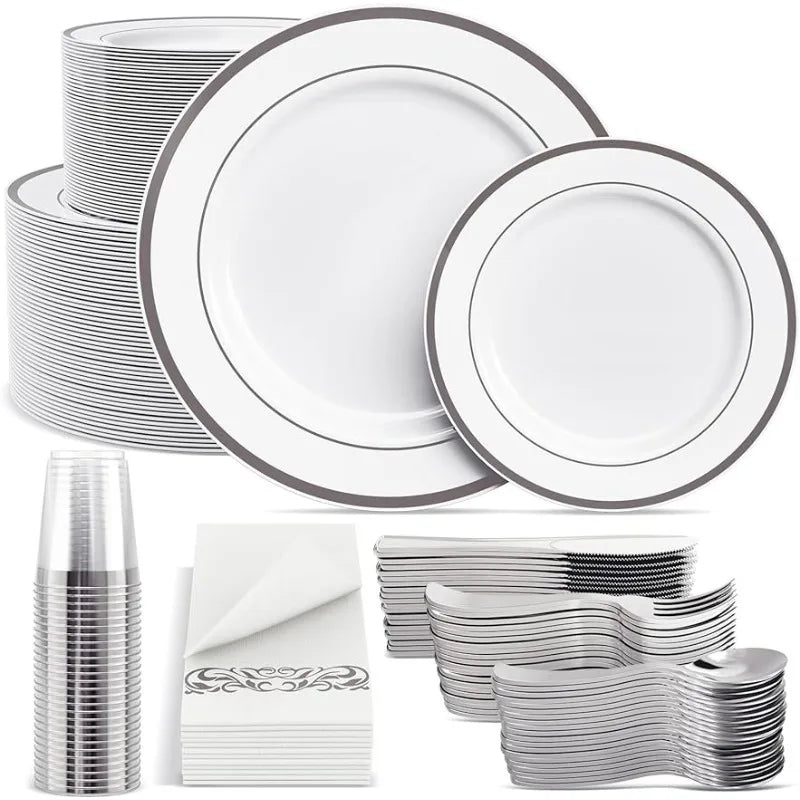 700-Piece Disposable Dinnerware Set - Plates, Silverware, Cups, Hand Towels
