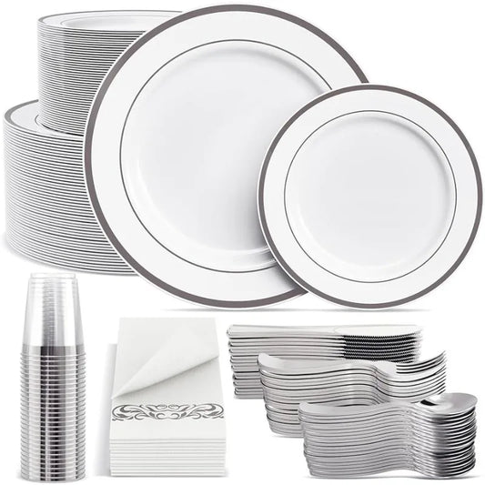 700-Piece Disposable Dinnerware Set - Plates, Silverware, Cups, Hand Towels