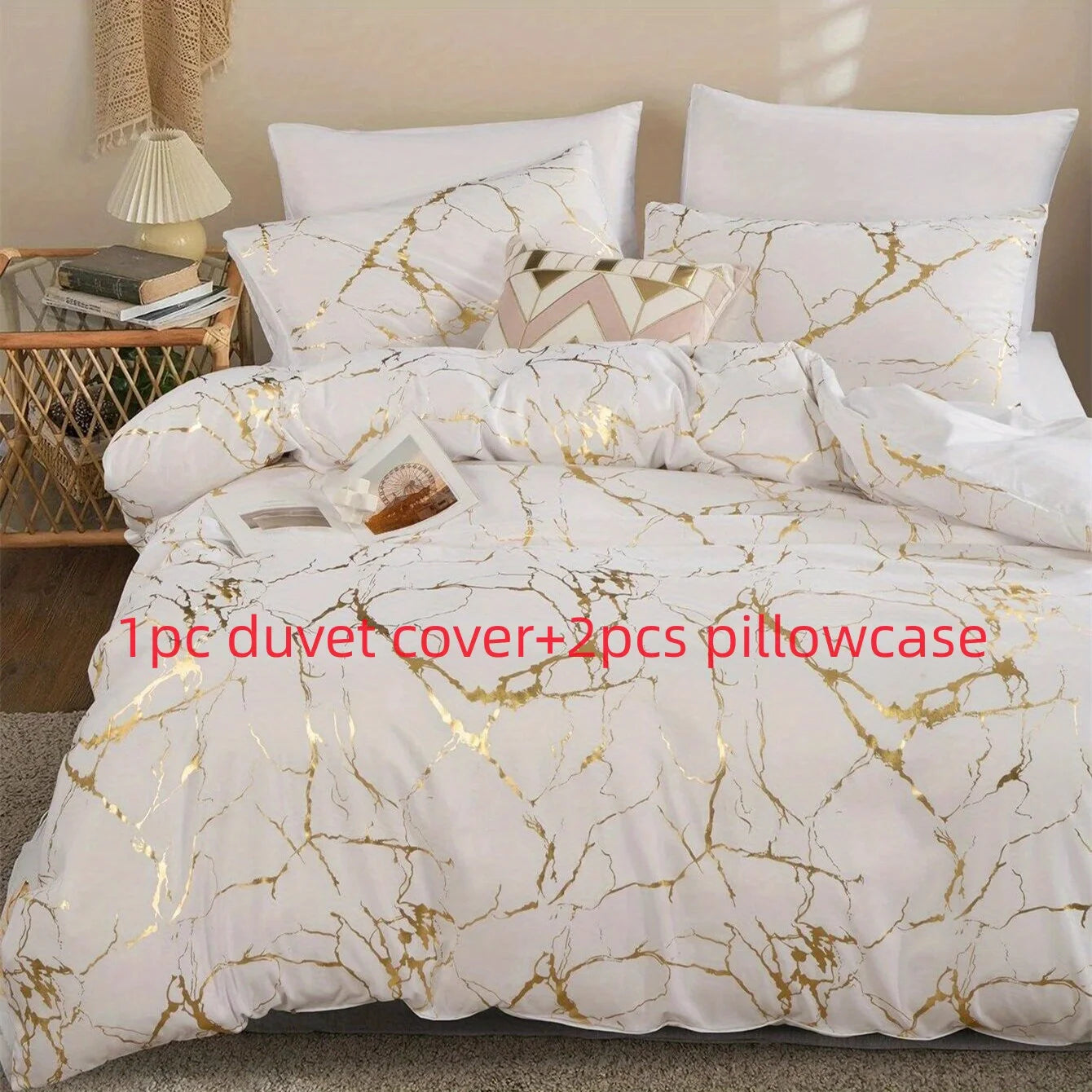 Luxury Queen Duvet Cover Set – White Marble Print