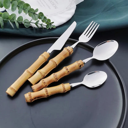 Stainless Steel Dinnerware Set with Bamboo Handle - Nature-Themed Cutlery (16/24/32 Pieces)