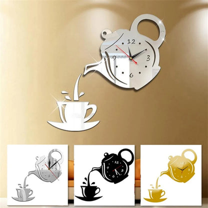 3D Teapot Shape Acrylic Mirror Clock - DIY Wall Sticker
